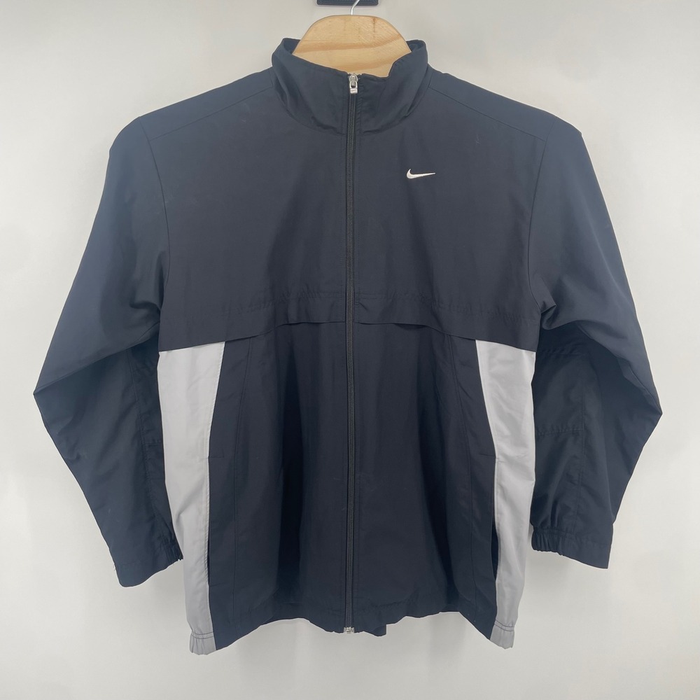 Nike Windbreaker Jacket Mens Medium Black Grey Full Zip Colorblock Swoosh Logo
